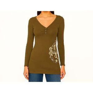 Vintage Y2K Army Green‎ Stretch Ribbed Henley Top M Longline Casual Tribal Print